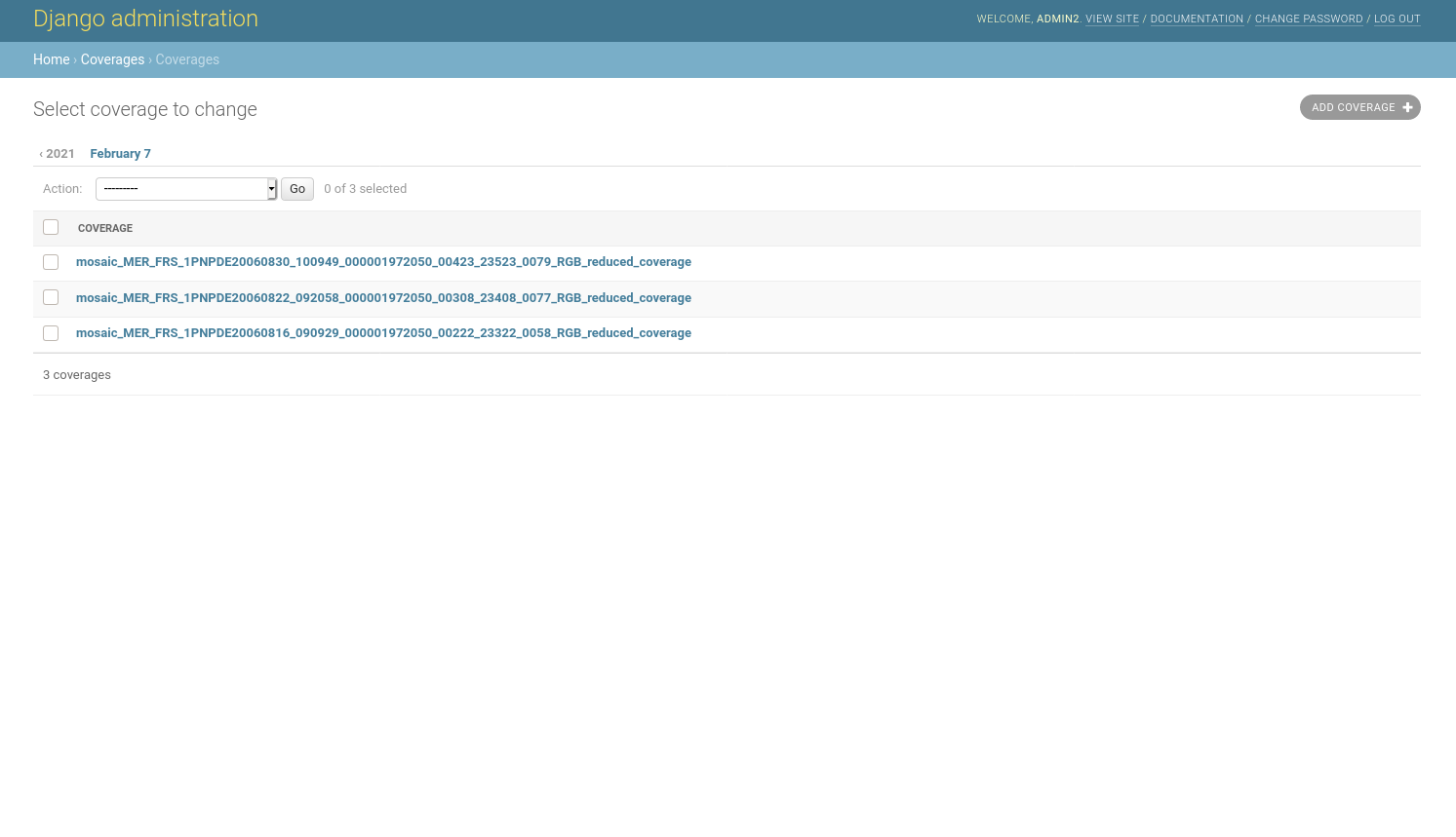 EOxServer demonstration admin client Dataset Series Management