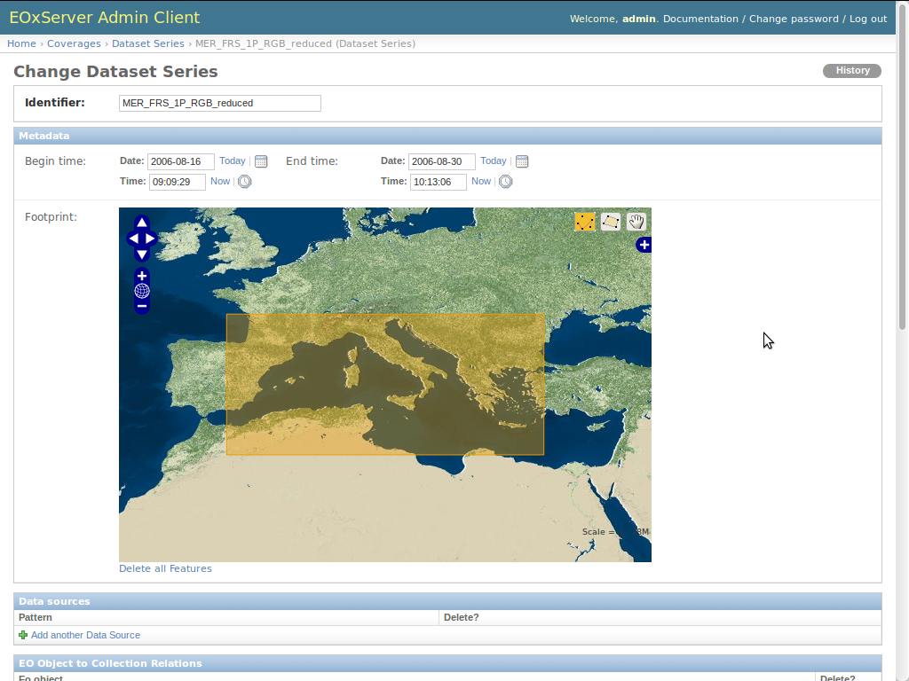 EOxServer demonstration admin client Dataset Series