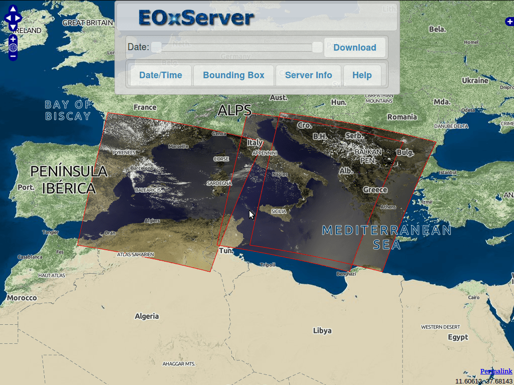 Capture d'écran du client encapsulé de EOxServer