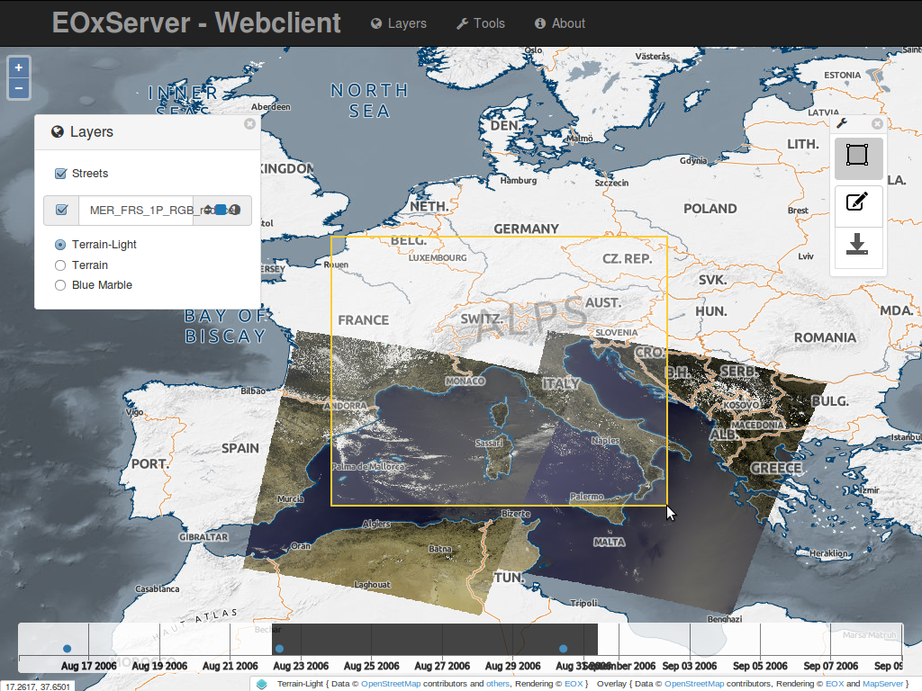 EOxServer demonstration embedded client download selection