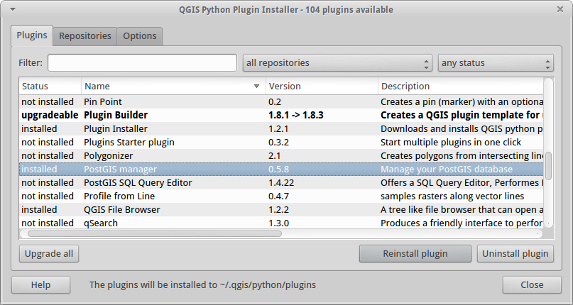 Запустить plugins. POSTGIS Интерфейс. Srid POSTGIS это. POSTGIS Import Export Manager описание. POSTGIS local Server connect any IP address QGIS.